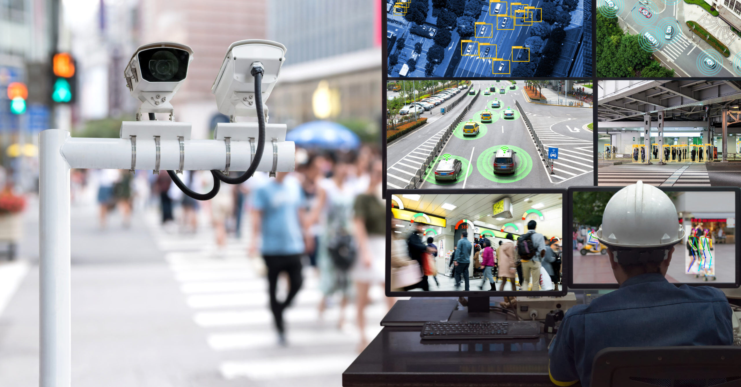  CCTV cameras overlooking a busy street, with a collage of smart city monitoring visuals including traffic analysis and public transportation tracking.